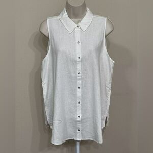 Splendid Women’s White Sleeveless Comfort Soft Button Up Collared Linen Shirt L